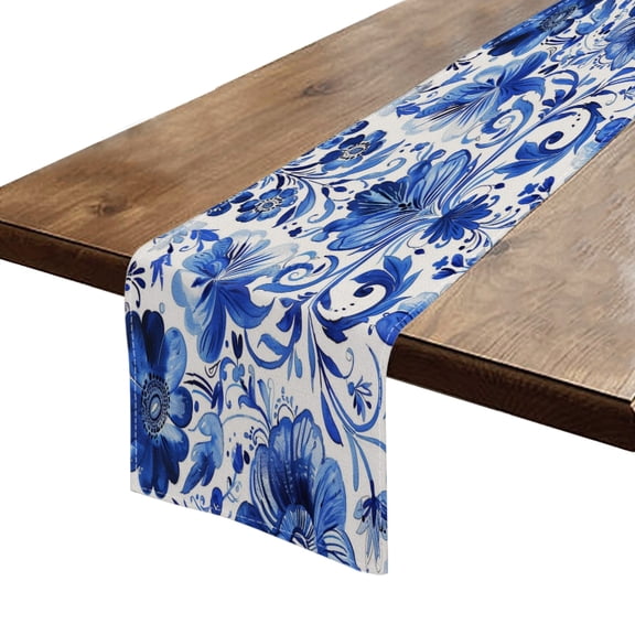 BaHomeck Table Runner 13*72 In,Set Of 1 Blue And White Floral Pattern In The Style Of Russian High Density Cotton Linens Machine Washable Table Runner For Kitchen Dining Table Coffee Table Decor