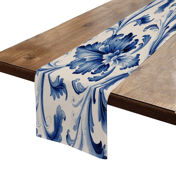 BaHomeck Table Runner 13*72 In,Set Of 1 Blue And White Pattern Hand-Painted Watercolor Style High Density Cotton Linens Machine Washable Table Runner For Kitchen Dining Table Coffee Table Decor