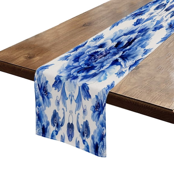 BaHomeck Table Runner 13*72 In,Set Of 1 Blue And White Pattern With Peony Flowers High Density Cotton Linens Machine Washable Table Runner For Kitchen Dining Table Coffee Table Decor