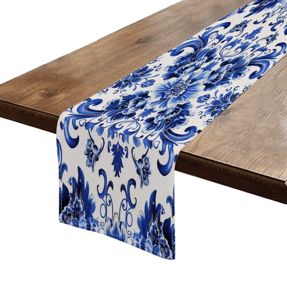 BaHomeck Table Runner 13*72 In,Set Of 1 Blue And White Porcelain Pattern Symmetrical Composition High Density Cotton Linens Machine Washable Table Runner For Kitchen Dining Table Coffee Table Decor