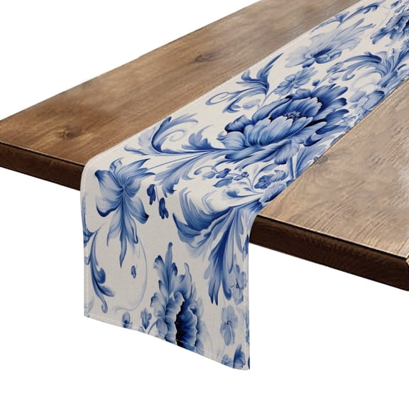 BaHomeck Table Runner 13*72 In,Set Of 1 Blue And White Porcelain-Style Floral Pattern High Density Cotton Linens Machine Washable Table Runner For Kitchen Dining Table Coffee Table Decor