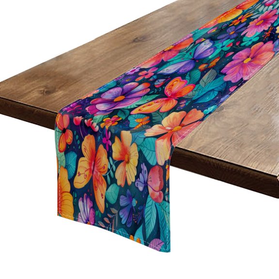 BaHomeck Table Runner 13*72 In,Set Of 1 Colorful Butterflies And Flowers On Dark Blue Background High Density Cotton Linens Machine Washable Table Runner For Kitchen Dining Table Coffee Table Decor