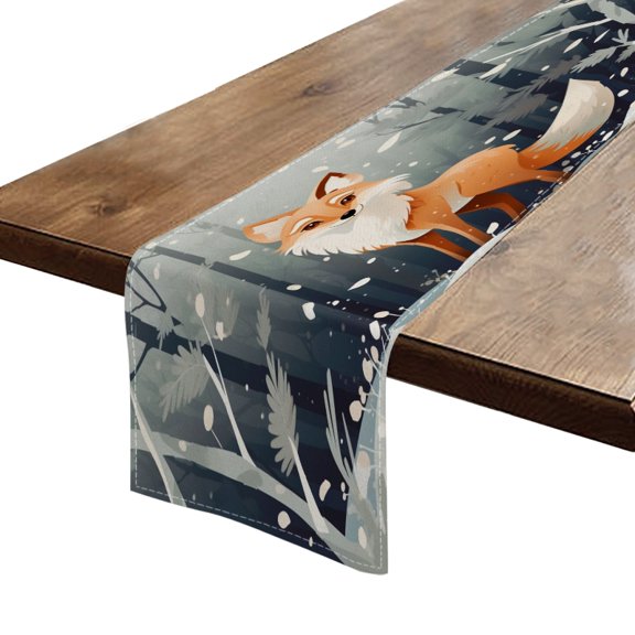 BaHomeck Table Runner 13*72 In,Set Of 1 Cute Cartoon Fox Standing In The Snow High Density Cotton Linens Machine Washable Table Runner For Kitchen Dining Table Coffee Table Decor
