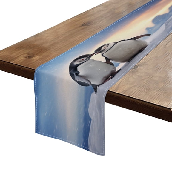 BaHomeck Table Runner 13*72 In,Set Of 1 Cute Penguins In Love And Standing On The Ice High Density Cotton Linens Machine Washable Table Runner For Kitchen Dining Table Coffee Table Decor