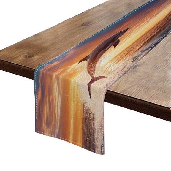 BaHomeck Table Runner 13*72 In,Set Of 1 Dolphin Jumping Out Of The Water At Sunset High Density Cotton Linens Machine Washable Table Runner For Kitchen Dining Table Coffee Table Decor