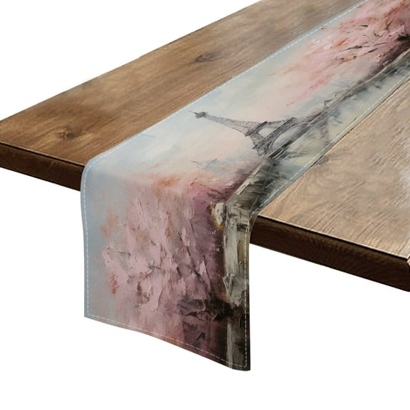 BaHomeck Table Runner 13*72 In,Set Of 1 Eiffel Tower Surrounded By Blooming Cherry Blossom Trees High Density Cotton Linens Machine Washable Table Runner For Kitchen Dining Table Coffee Table Decor