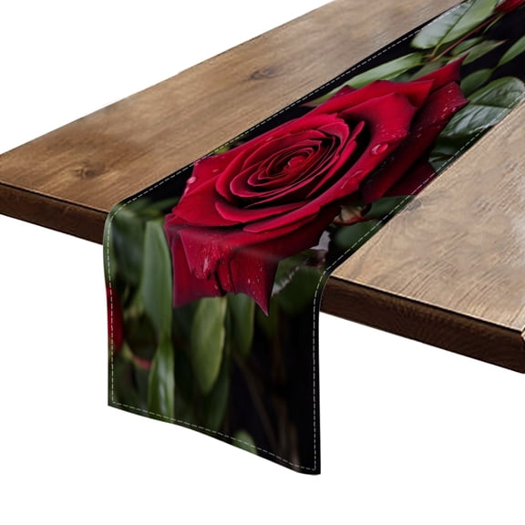 BaHomeck Table Runner 13*72 In,Set Of 1 Elegant Red Rose Petals Perfectly Arranged And Dew-Covered High Density Cotton Linens Machine Washable Table Runner For Kitchen Dining Table Coffee Table Decor