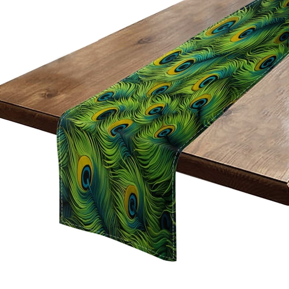 BaHomeck Table Runner 13*72 In,Set Of 1 Green Peacock Feathers With Its Unique Blue High Density Cotton Linens Machine Washable Table Runner For Kitchen Dining Table Coffee Table Decor