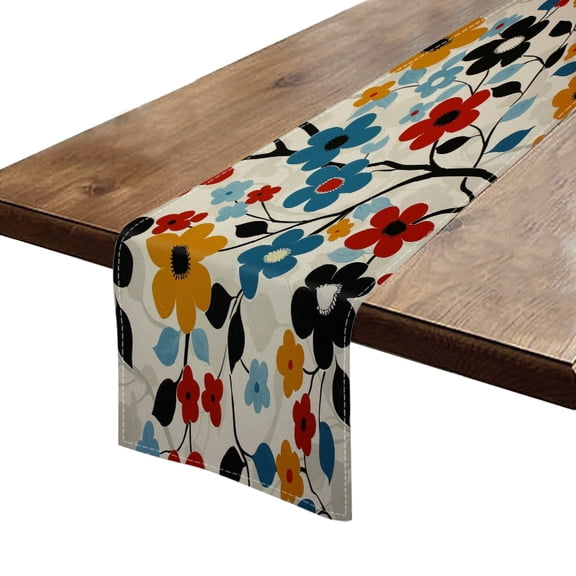 BaHomeck Table Runner 13*72 In,Set Of 1 Groovy Floral Pattern On White Background High Density Cotton Linens Machine Washable Table Runner For Kitchen Dining Table Coffee Table Decor