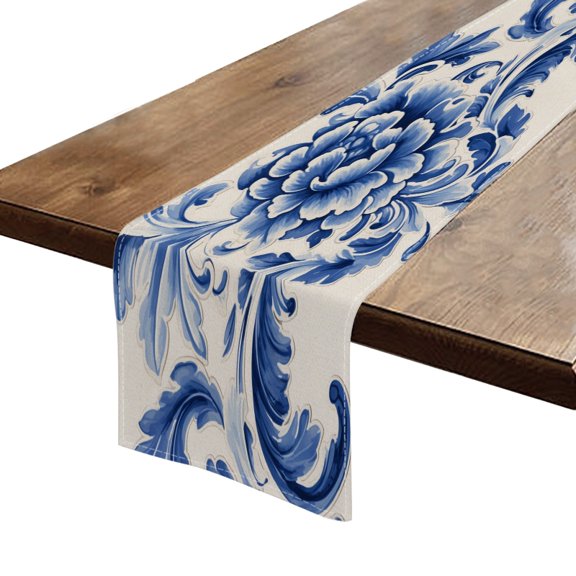 BaHomeck Table Runner 13*72 In,Set Of 1 Hand-Painted Blue And White Pattern High Density Cotton Linens Machine Washable Table Runner For Kitchen Dining Table Coffee Table Decor