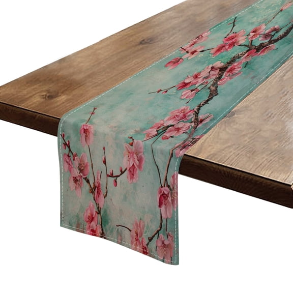 BaHomeck Table Runner 13*72 In,Set Of 1 Mint Green Background With Pink Peach Blossoms High Density Cotton Linens Machine Washable Table Runner For Kitchen Dining Table Coffee Table Decor