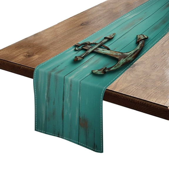 BaHomeck Table Runner 13*72 In,Set Of 1 Old Rustic Anchor Hanging On Aged Turquoise Wooden Wall High Density Cotton Linens Machine Washable Table Runner For Kitchen Dining Table Coffee Table Decor