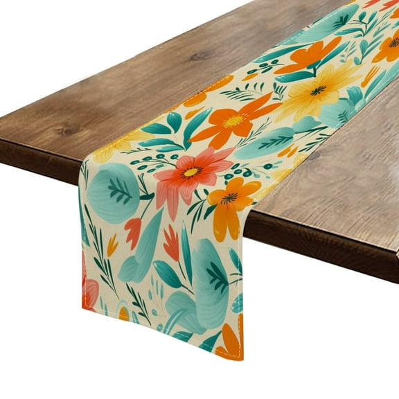 BaHomeck Table Runner 13*72 In,Set Of 1 Orange And Teal Flowers On Cream Background High Density Cotton Linens Machine Washable Table Runner For Kitchen Dining Table Coffee Table Decor