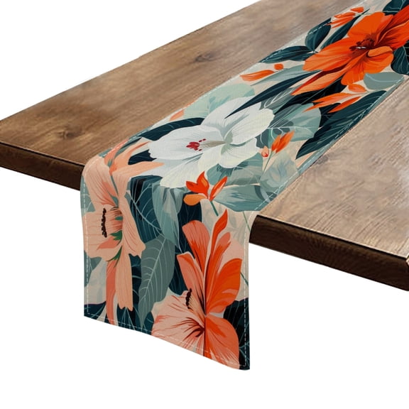 BaHomeck Table Runner 13*72 In,Set Of 1 Orange And White Floral Pattern With Leaves High Density Cotton Linens Machine Washable Table Runner For Kitchen Dining Table Coffee Table Decor