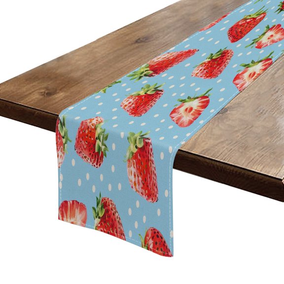 BaHomeck Table Runner 13*72 In,Set Of 1 Polka Dot Background With Strawberries High Density Cotton Linens Machine Washable Table Runner For Kitchen Dining Table Coffee Table Decor