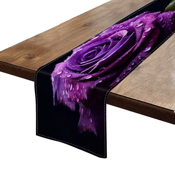 BaHomeck Table Runner 13*72 In,Set Of 1 Purple Rose With Water Droplets On Petals High Density Cotton Linens Machine Washable Table Runner For Kitchen Dining Table Coffee Table Decor