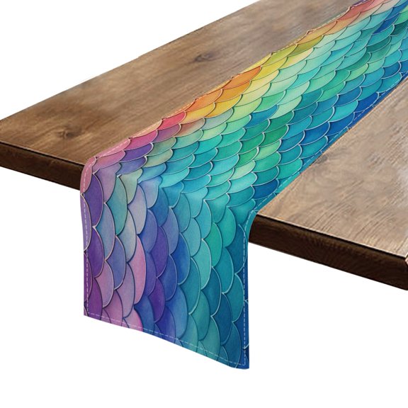 BaHomeck Table Runner 13*72 In,Set Of 1 Rainbow Mermaid Scales Each Scale With Unique Color High Density Cotton Linens Machine Washable Table Runner For Kitchen Dining Table Coffee Table Decor