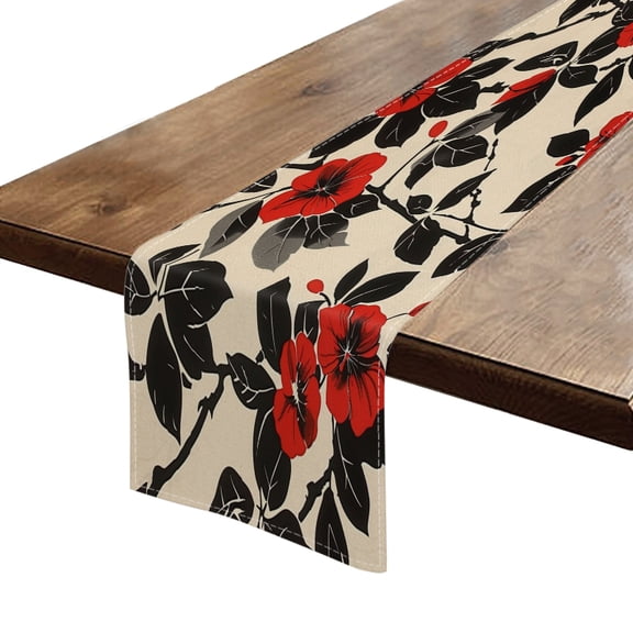 BaHomeck Table Runner 13*72 In,Set Of 1 Red And Black Floral Design On Cream Background High Density Cotton Linens Machine Washable Table Runner For Kitchen Dining Table Coffee Table Decor