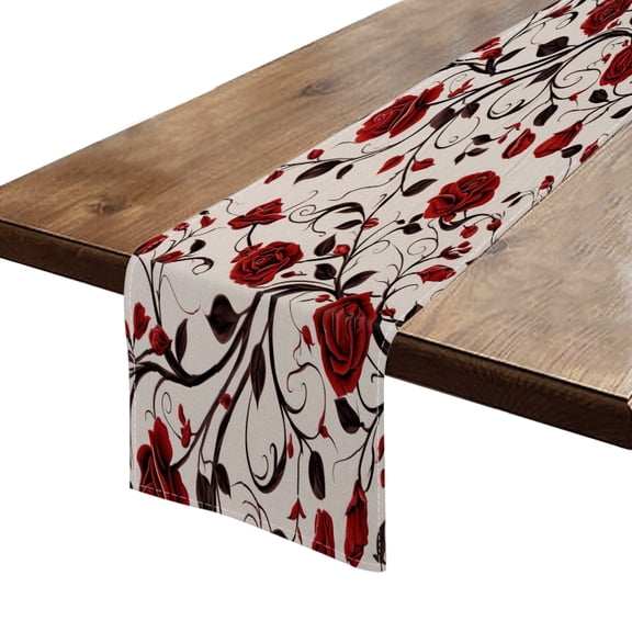 BaHomeck Table Runner 13*72 In,Set Of 1 Red Roses Pattern On White Background High Density Cotton Linens Machine Washable Table Runner For Kitchen Dining Table Coffee Table Decor