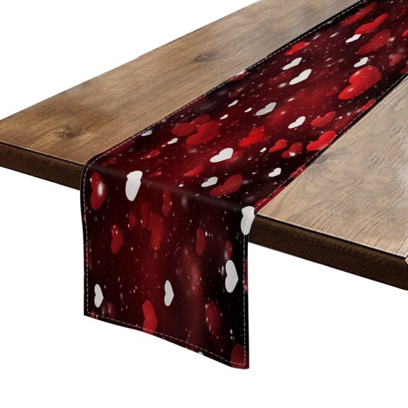BaHomeck Table Runner 13*72 In,Set Of 1 Red And White Hearts Floating In Abstract Dark Space High Density Cotton Linens Machine Washable Table Runner For Kitchen Dining Table Coffee Table Decor