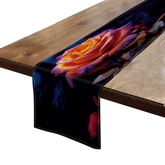 BaHomeck Table Runner 13*72 In,Set Of 1 Rose With Petals In Shades Of Orange And Purple High Density Cotton Linens Machine Washable Table Runner For Kitchen Dining Table Coffee Table Decor