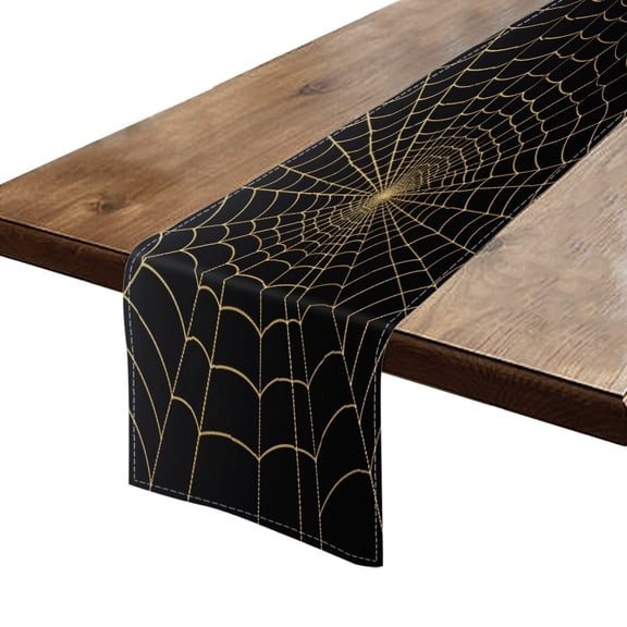 BaHomeck Table Runner 13*72 In,Set Of 1 Spider Web Made Of Golden Thread On Black Background High Density Cotton Linens Machine Washable Table Runner For Kitchen Dining Table Coffee Table Decor