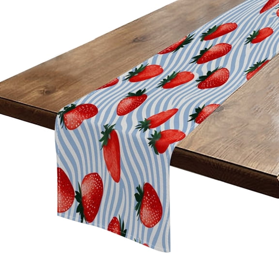BaHomeck Table Runner 13*72 In,Set Of 1 Strawberry Pattern Of Blue And White Wavy Background High Density Cotton Linens Machine Washable Table Runner For Kitchen Dining Table Coffee Table Decor