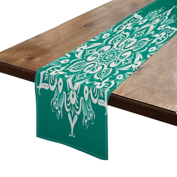 BaHomeck Table Runner 13*72 In,Set Of 1 Symmetrical Floral Mandala On Emerald Green Background High Density Cotton Linens Machine Washable Table Runner For Kitchen Dining Table Coffee Table Decor
