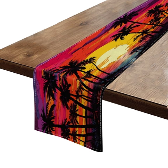 BaHomeck Table Runner 13*72 In,Set Of 1 Vector Illustration Of Sunset On The Beach With Palm Trees High Density Cotton Linens Machine Washable Table Runner For Kitchen Dining Table Coffee Table Decor