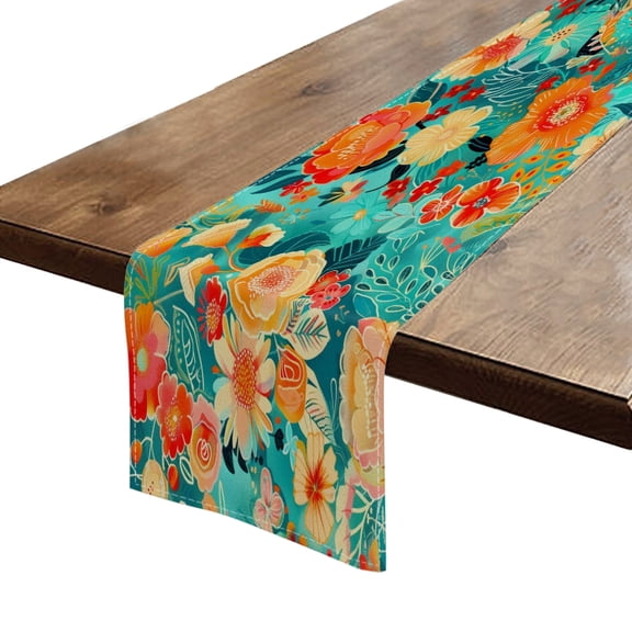 BaHomeck Table Runner 13*72 In,Set Of 1 Vibrant Pattern Of Turquoise And Coral Flowers High Density Cotton Linens Machine Washable Table Runner For Kitchen Dining Table Coffee Table Decor