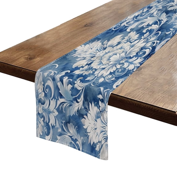BaHomeck Table Runner 13*72 In,Set Of 1 Watercolor Damask Pattern In Blue And White Colors High Density Cotton Linens Machine Washable Table Runner For Kitchen Dining Table Coffee Table Decor