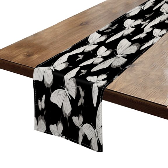 BaHomeck Table Runner 13*72 In,Set Of 1 White Butterflies On Black Background High Density Cotton Linens Machine Washable Table Runner For Kitchen Dining Table Coffee Table Decor