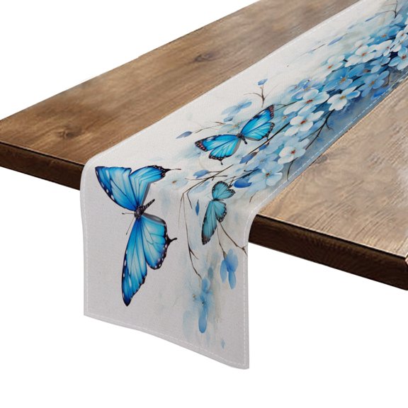 BaHomeck Table Runner 13*72 In,Set Of 1 White Flowers And Blue Butterflies High Density Cotton Linens Machine Washable Table Runner For Kitchen Dining Table Coffee Table Decor