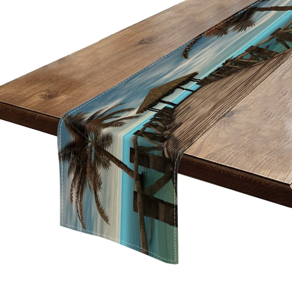 BaHomeck Table Runner 13*72 In,Set Of 1 Wooden Pier With Palm Trees And Thatched Roof High Density Cotton Linens Machine Washable Table Runner For Kitchen Dining Table Coffee Table Decor