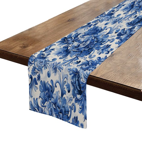 BaHomeck Table Runner 13*72 In,Set Of 1 Beautiful Blue And White Pattern With Floral Ornament High Density Cotton Linens Machine Washable Table Runner For Kitchen Dining Table Coffee Table Decor