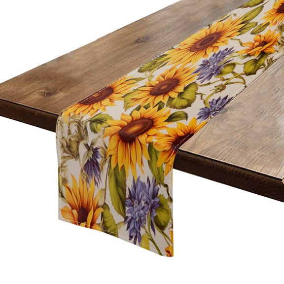 BaHomeck Table Runner 13*72 In,Set Of 1 Beautiful Sunflowers With Yellow And Blue Flowers High Density Cotton Linens Machine Washable Table Runner For Kitchen Dining Table Coffee Table Decor