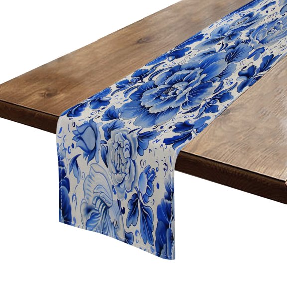 BaHomeck Table Runner 13*72 In,Set Of 1 Blue And White Pattern With Peonies High Density Cotton Linens Machine Washable Table Runner For Kitchen Dining Table Coffee Table Decor