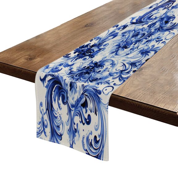 BaHomeck Table Runner 13*72 In,Set Of 1 Blue And White Pattern With Swirls High Density Cotton Linens Machine Washable Table Runner For Kitchen Dining Table Coffee Table Decor