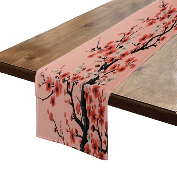 BaHomeck Table Runner 13*72 In,Set Of 1 Cherry Blossoms In Full Bloom With Red And White Flowers High Density Cotton Linens Machine Washable Table Runner For Kitchen Dining Table Coffee Table Decor