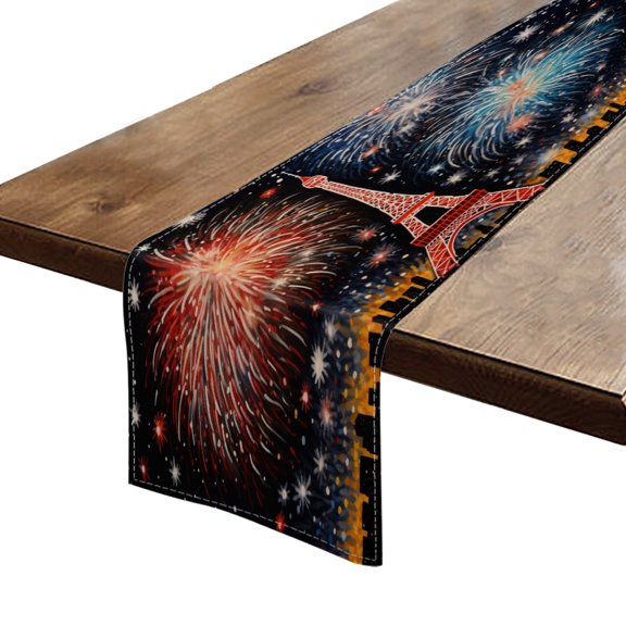 BaHomeck Table Runner 13*72 In,Set Of 1 Eiffel Tower With Fireworks New Year'S Day Background High Density Cotton Linens Machine Washable Table Runner For Kitchen Dining Table Coffee Table Decor