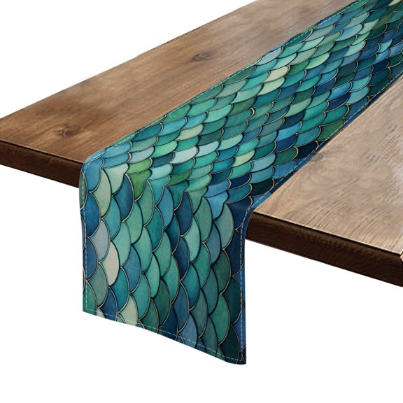 BaHomeck Table Runner 13*72 In,Set Of 1 Fish Scales In Shades Of Blue And Green High Density Cotton Linens Machine Washable Table Runner For Kitchen Dining Table Coffee Table Decor
