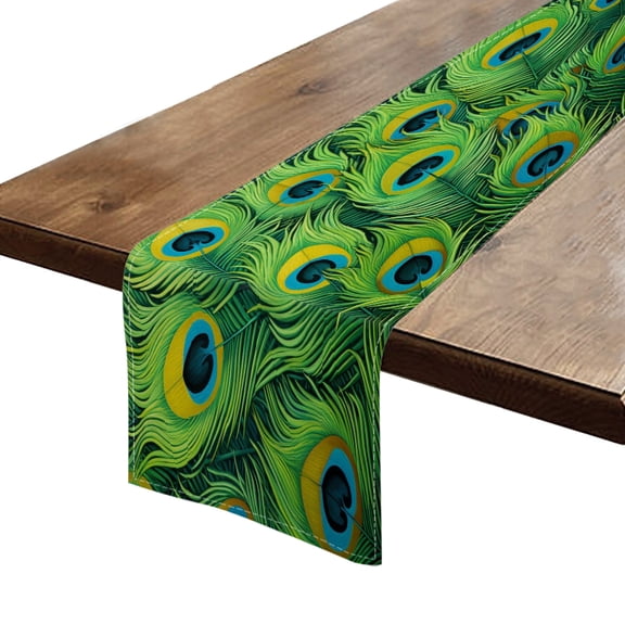 BaHomeck Table Runner 13*72 In,Set Of 1 Green Peacock Feathers High Density Cotton Linens Machine Washable Table Runner For Kitchen Dining Table Coffee Table Decor
