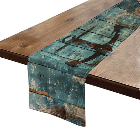 BaHomeck Table Runner 13*72 In,Set Of 1 Rustic Anchor With Teal And Brown Textures High Density Cotton Linens Machine Washable Table Runner For Kitchen Dining Table Coffee Table Decor