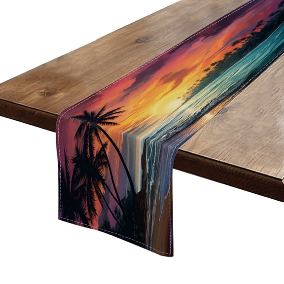 BaHomeck Table Runner 13*72 In,Set Of 1 Stunning Sunset On The Beach With Palm Trees And Waves High Density Cotton Linens Machine Washable Table Runner For Kitchen Dining Table Coffee Table Decor