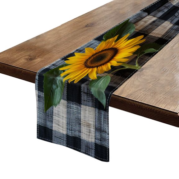 BaHomeck Table Runner 13*72 In,Set Of 1 Sunflower On Checkered High Density Cotton Linens Machine Washable Table Runner For Kitchen Dining Table Coffee Table Decor