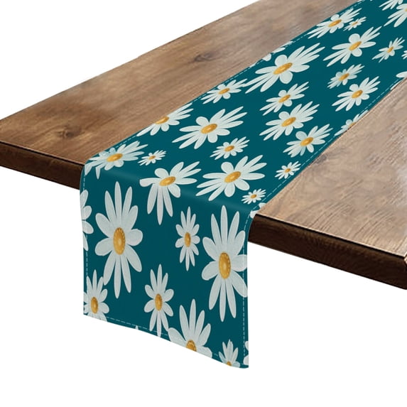 BaHomeck Table Runner 13*72 In,Set Of 1 White Daisies On Teal Background High Density Cotton Linens Machine Washable Table Runner For Kitchen Dining Table Coffee Table Decor
