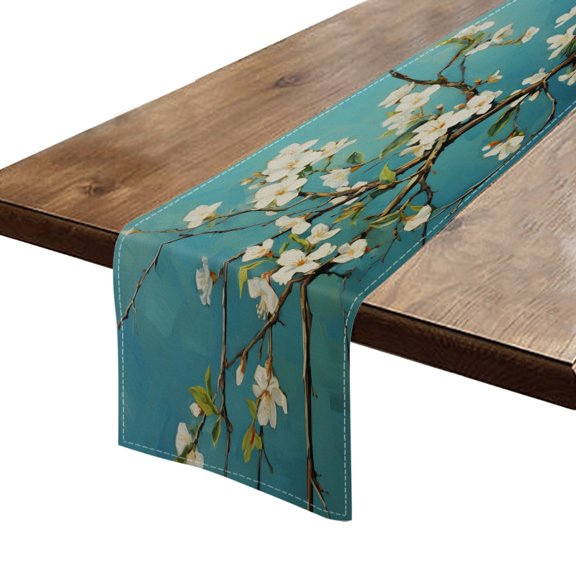 BaHomeck Table Runner 13*72 In,Set Of 1 White Flowers On Tree Branches In Aqua Background High Density Cotton Linens Machine Washable Table Runner For Kitchen Dining Table Coffee Table Decor