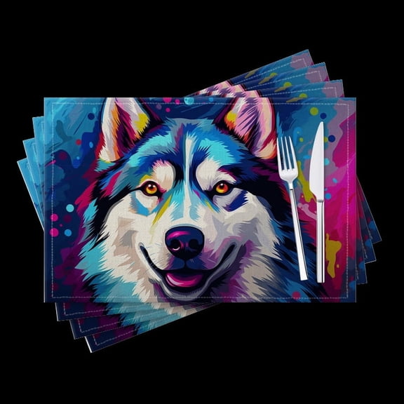 BaHomeck placemats Set of 4 Abstract Art Painting Of Happy Husky In Shades Of Blue Cotton Linen rectangle Placemats for Kitchen Dining Table Indoor,Outdoor,18*12inch