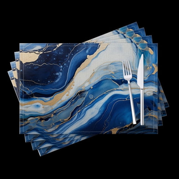 BaHomeck placemats Set of 4 Abstract Blue And White Marble Pattern With Gold Accents Cotton Linen rectangle Placemats for Kitchen Dining Table Indoor,Outdoor,18*12inch