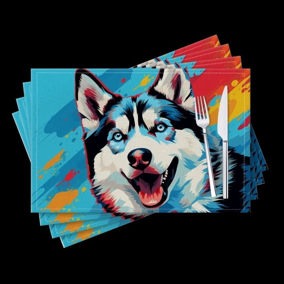 BaHomeck placemats Set of 4 Abstract Vector Illustration Of Happy Husky Dog Cotton Linen rectangle Placemats for Kitchen Dining Table Indoor,Outdoor,18*12inch